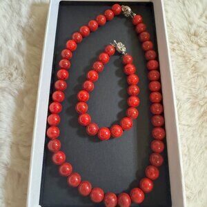 Set of Red Beaded Necklace and Bracelet